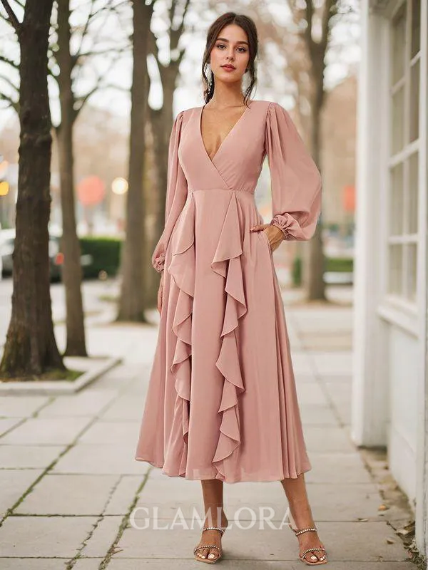 Chic A-line V-neck Long Sleeves Tea-Length Chiffon Bridesmaid Dress With Pockets