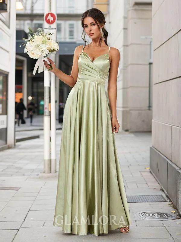 Refined A-line V-neck Floor-Length Silk Like Satin Bridesmaid Dress With Slit