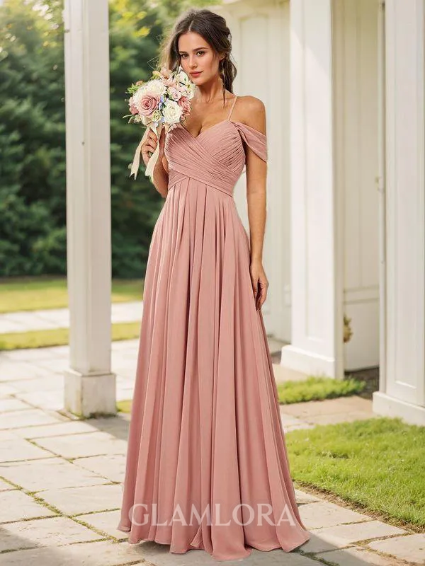 A-line Timeless Cold Shoulder Floor-Length Chiffon Bridesmaid Dress With Slit