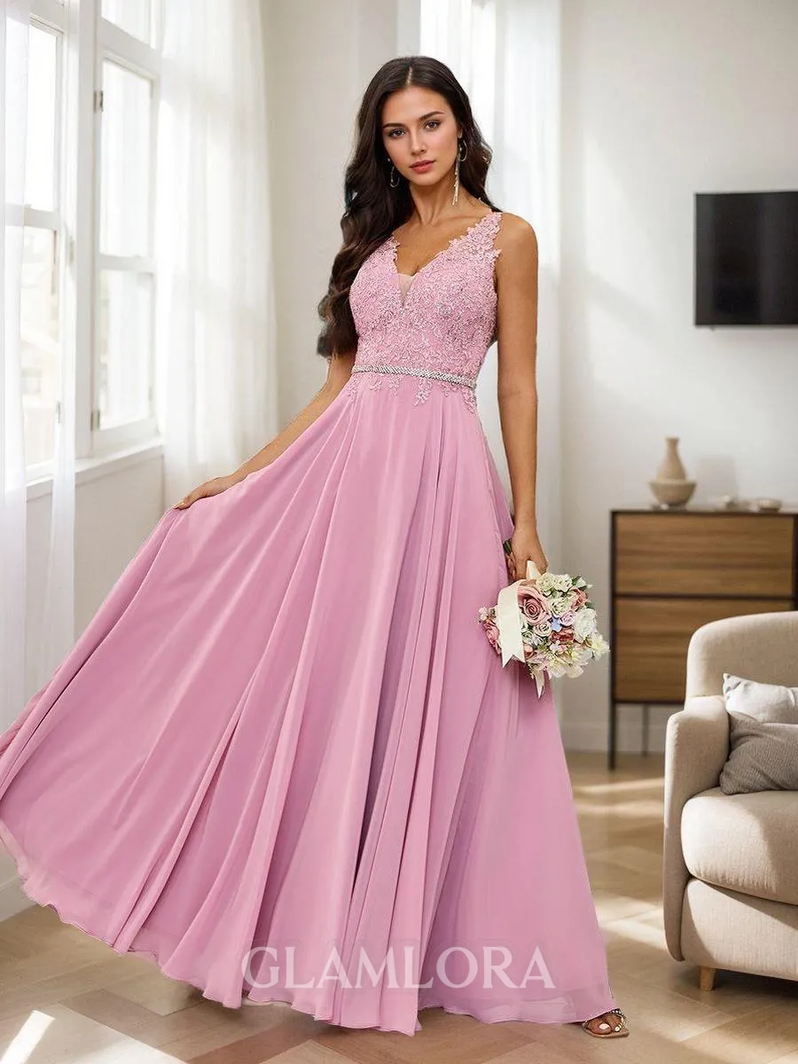 A-line Elegant V-neck Floor-Length Chiffon Bridesmaid Dress With Appliques Lace