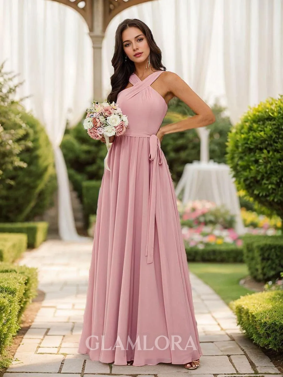 A-line Stunning Halter Floor-Length Chiffon Bridesmaid Dress With Sash