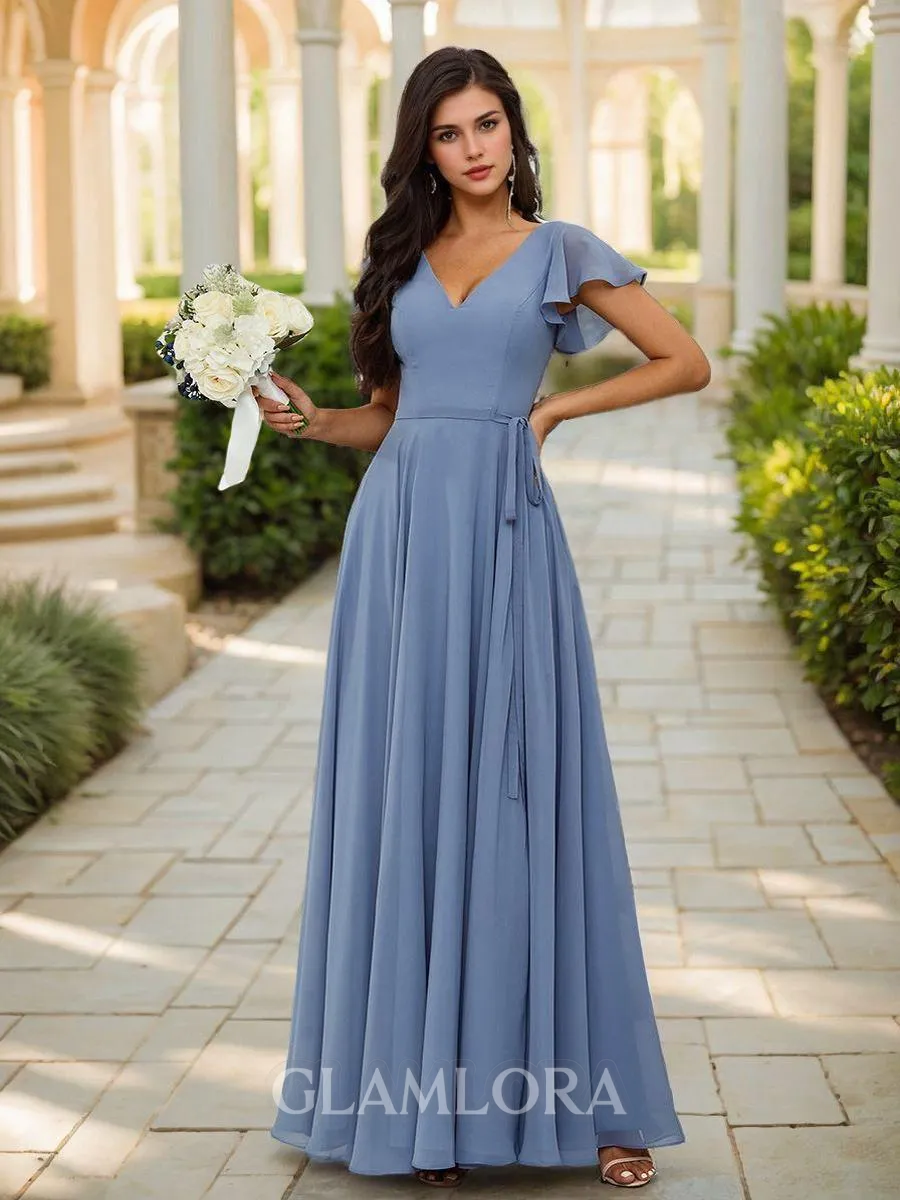 Dreamy A-line V-neck Short Sleeves Floor-Length Chiffon Bridesmaid Dress With Slit