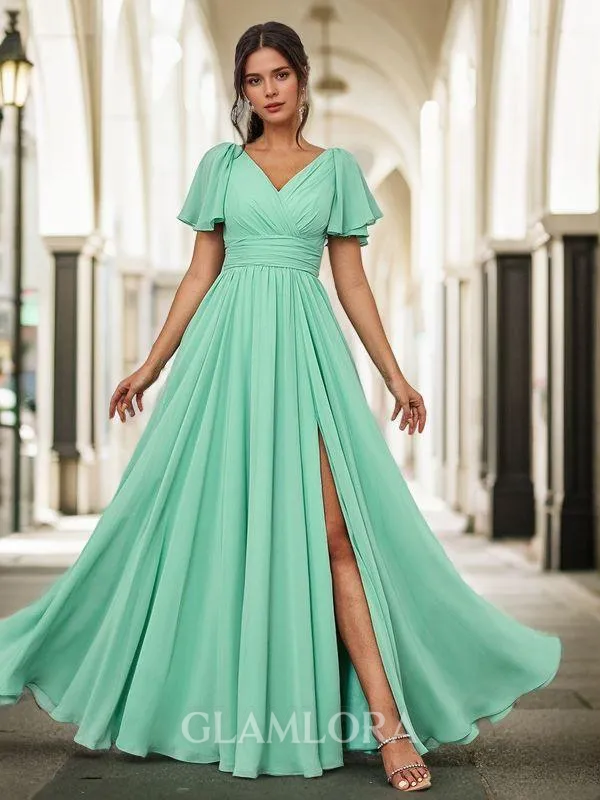 A-line Perfect V-neck Short Sleeves Floor-Length Chiffon Bridesmaid Dress With Slit