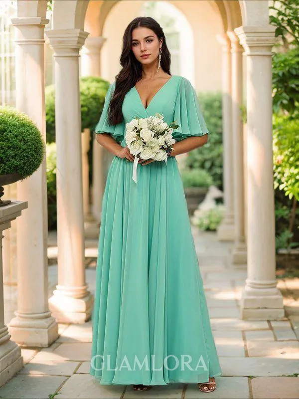 Trendy A-line V-neck Short Sleeves Floor-Length Chiffon Bridesmaid Dress With Slit