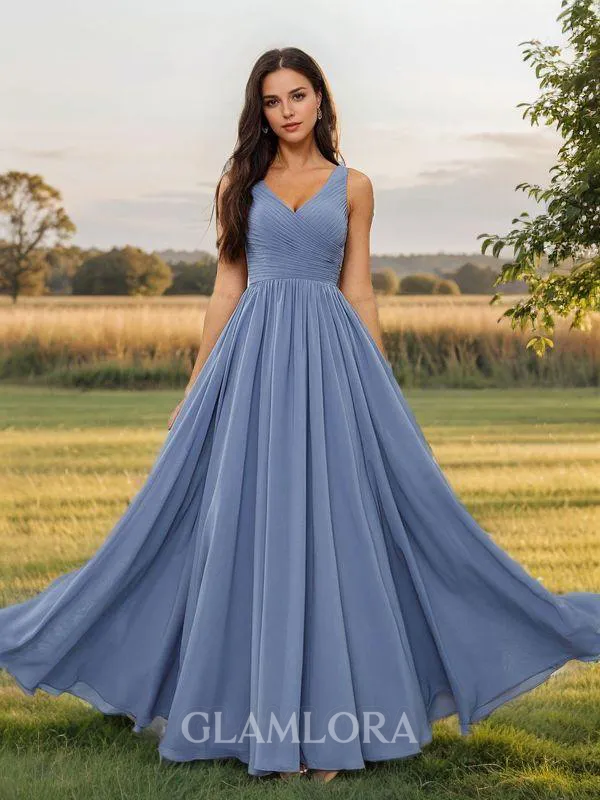A-line Fashion V-neck Floor-Length Chiffon Bridesmaid Dress With Pleated