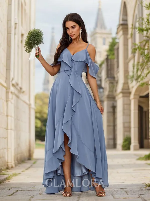 Stunning A-line Cold Shoulder Asymmetrical Chiffon Bridesmaid Dress With Ruffles