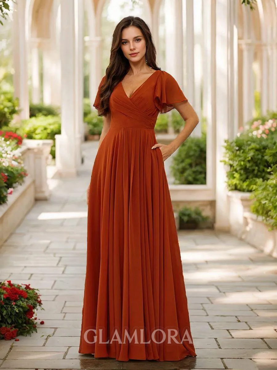 Glam A-line V-neck Short Sleeves Floor-Length Chiffon Bridesmaid Dress With Slit