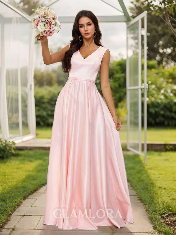 Unique A-line V-neck Floor-Length Satin Bridesmaid Dress With Pockets