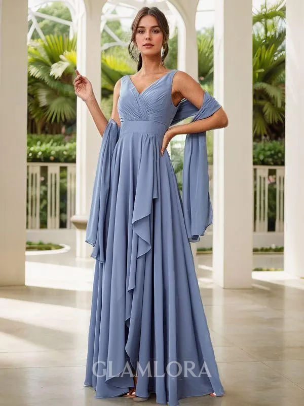 Pretty A-line V-neck Floor-Length Chiffon Bridesmaid Dress With Slit