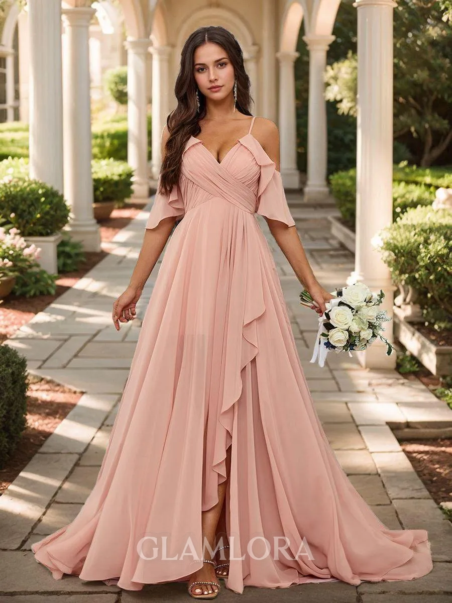 Charming A-line Cold Shoulder Floor-Length Chiffon Bridesmaid Dress With Slit