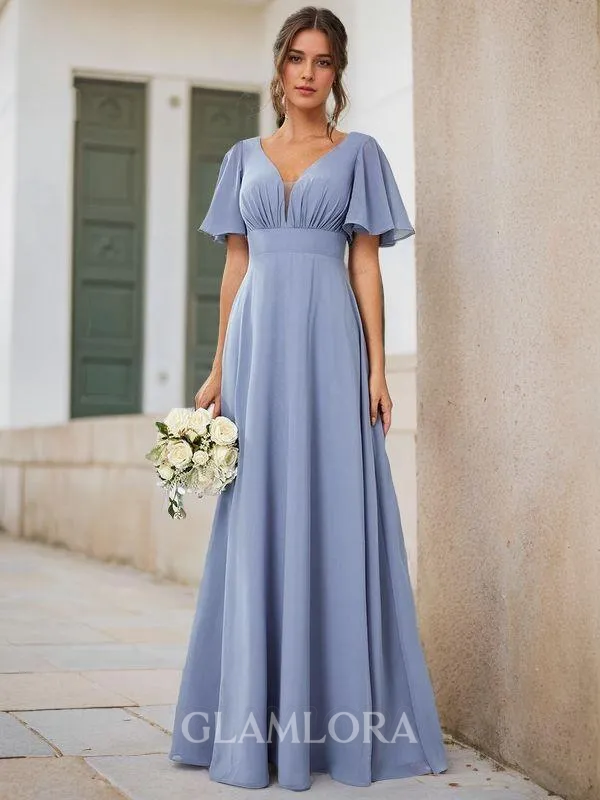 Delicate A-line V-neck Short Sleeves Floor-Length Chiffon Bridesmaid Dress With Pleated