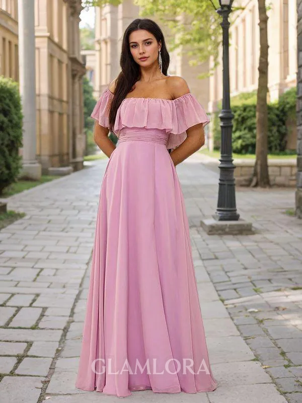 Exquisite A-line Off-the-Shoulder Floor-Length Chiffon Bridesmaid Dress With Slit