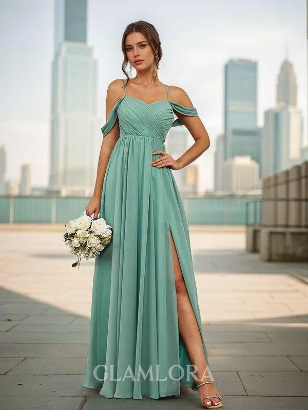 Classy A-line Cold Shoulder Floor-Length Chiffon Bridesmaid Dress With Slit