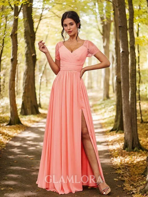 Flattering A-line V-neck Short Sleeves Floor-Length Chiffon Bridesmaid Dress With Slit