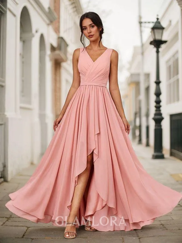 A-line Dreamy V-neck Asymmetrical Chiffon Bridesmaid Dress With Pleated