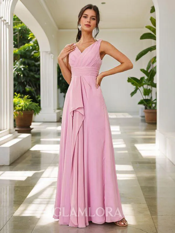 A-line Elegant V-neck Floor-Length Chiffon Bridesmaid Dress With Pleated