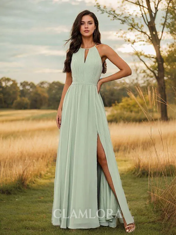 A-line Classic Halter Floor-Length Chiffon Bridesmaid Dress With Slit