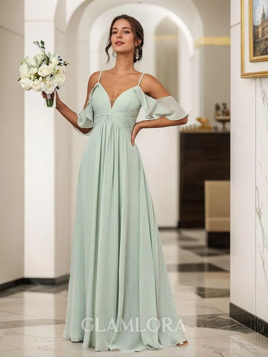 A-line Timeless Cold Shoulder Floor-Length Chiffon Bridesmaid Dress With Slit