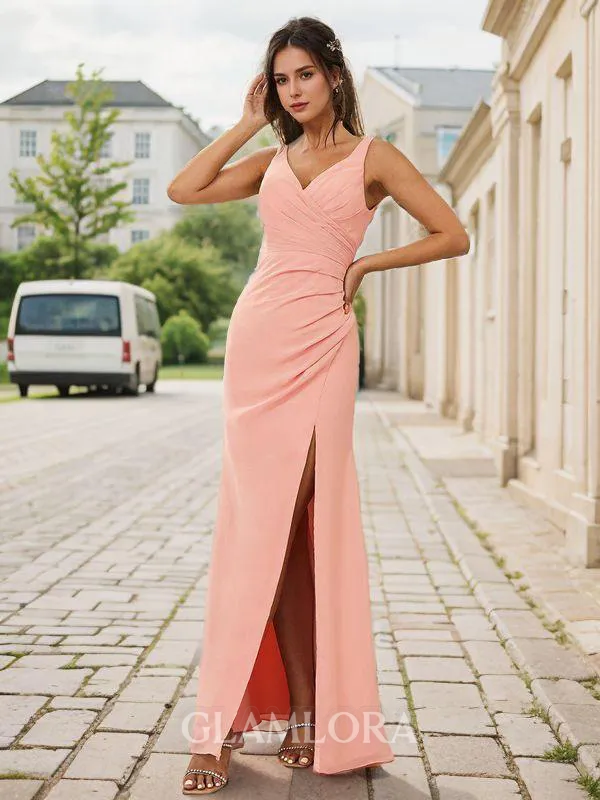 Snug Sheath/Column V-neck Floor-Length Chiffon Bridesmaid Dress With Slit