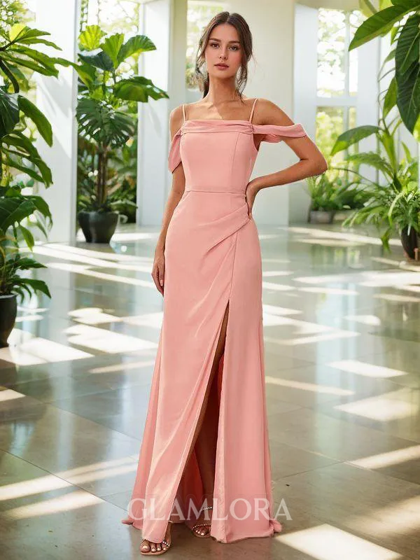 A-line Simple Cold Shoulder Floor-Length Chiffon Bridesmaid Dress With Slit