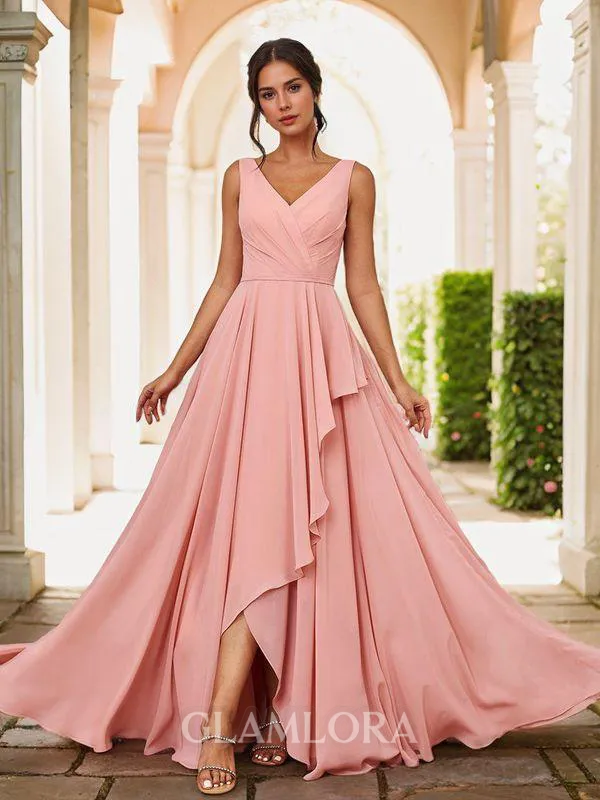A-line Flowing V-neck Floor-Length Chiffon Bridesmaid Dress With Slit