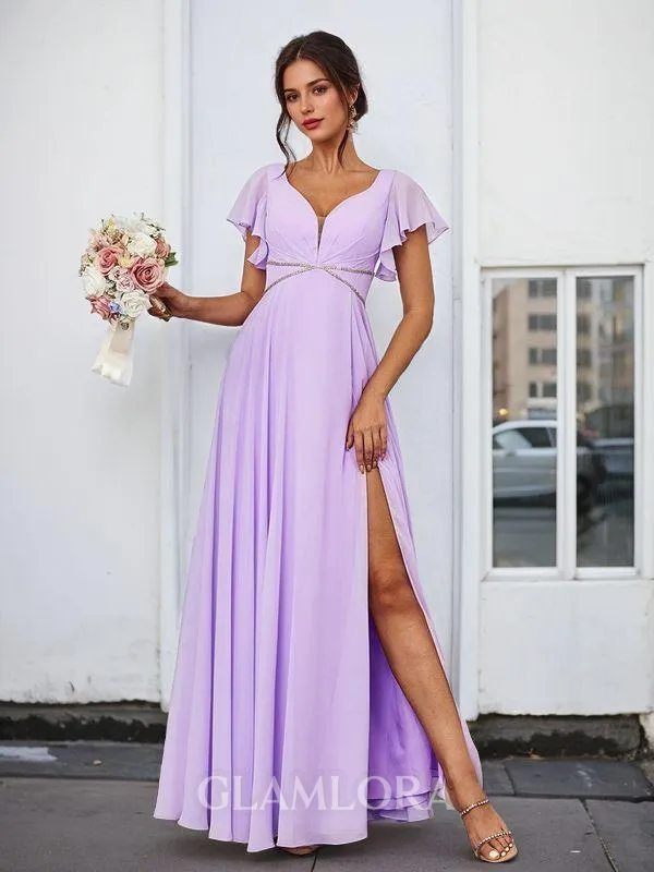 Feminine A-line V-neck Short Sleeves Floor-Length Chiffon Bridesmaid Dress With Slit