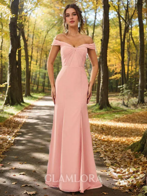 Second-skin Sheath/Column Off-the-Shoulder Floor-Length Chiffon Bridesmaid Dress With Slit