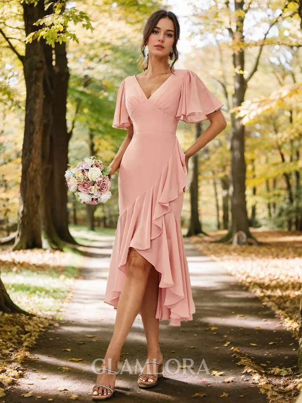 Sheath/Column Modern V-neck Short Sleeves Asymmetrical Chiffon Bridesmaid Dress With Ruffles
