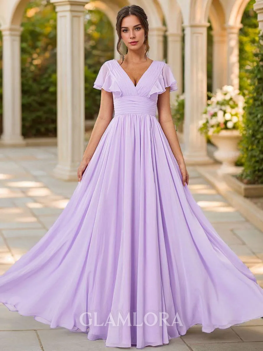 Subtle A-line V-neck Short Sleeves Floor-Length Chiffon Bridesmaid Dress With Slit