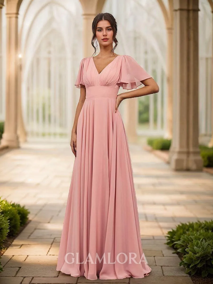 Balanced A-line V-neck Short Sleeves Floor-Length Chiffon Bridesmaid Dress With Slit