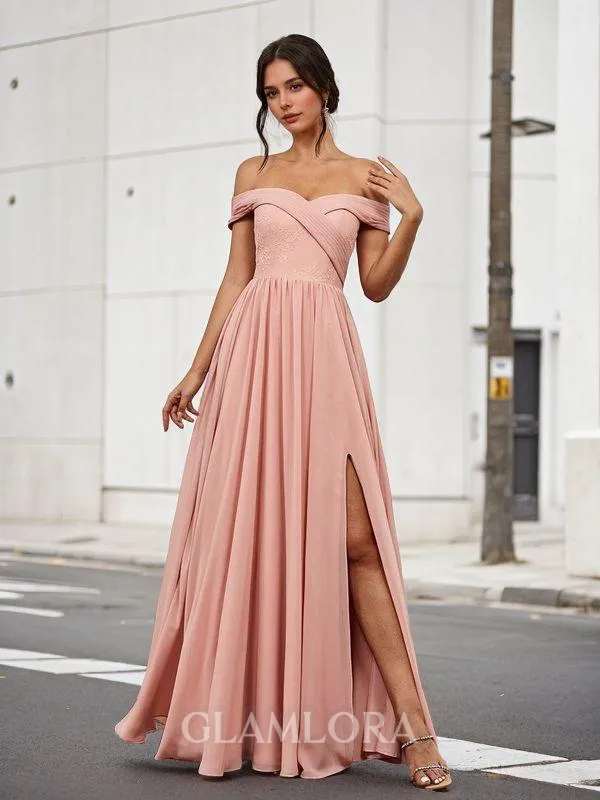 Refined A-line Off-the-Shoulder Floor-Length Chiffon Bridesmaid Dress With Slit