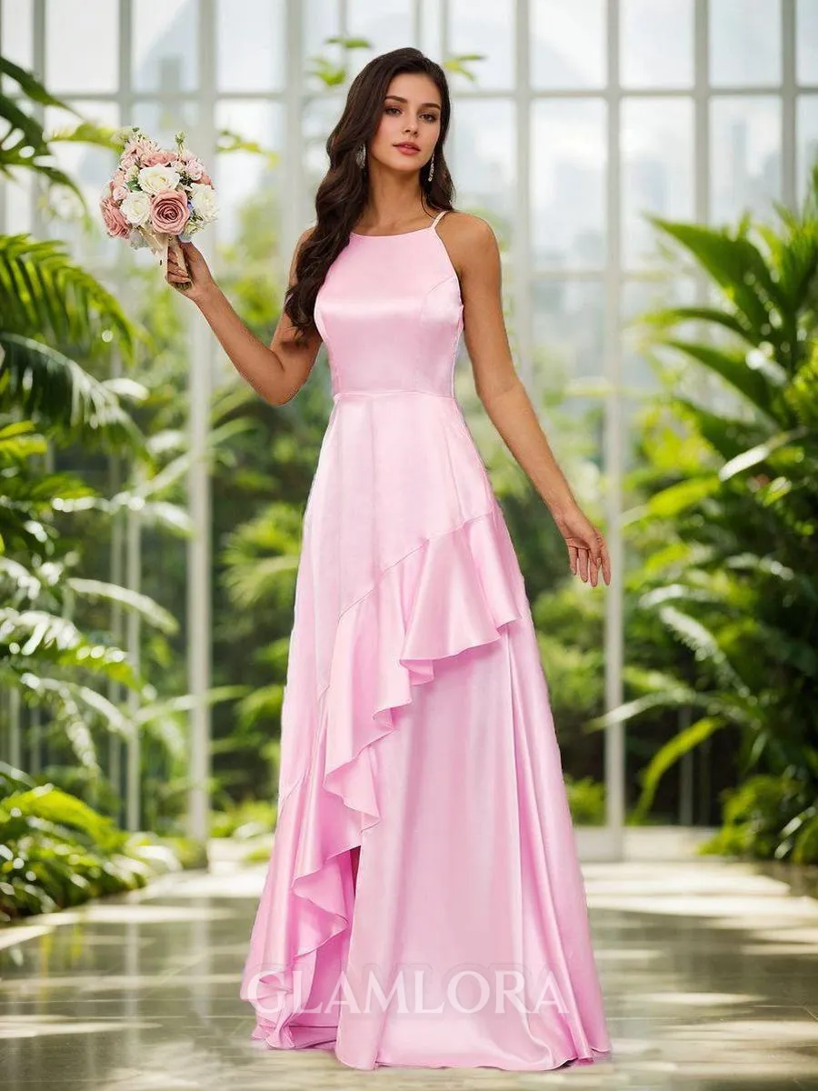 A-line Timeless Halter Floor-Length Silk like Satin Bridesmaid Dress With Slit