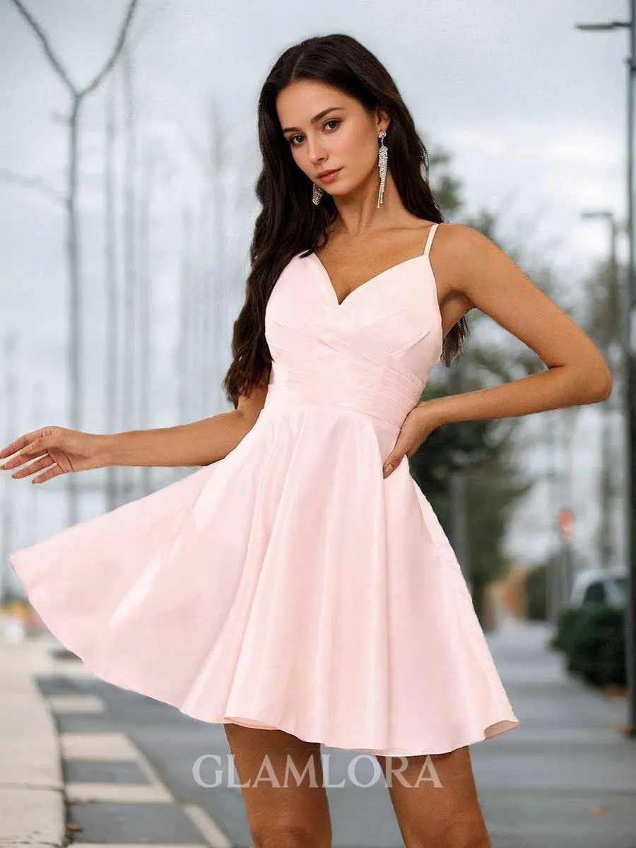 Unique A-line V-neck Short/Mini Satin Bridesmaid Dress With Pockets