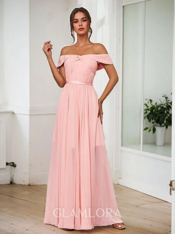 Charming A-line Off-the-Shoulder Sweep Train Chiffon Bridesmaid Dress With Slit