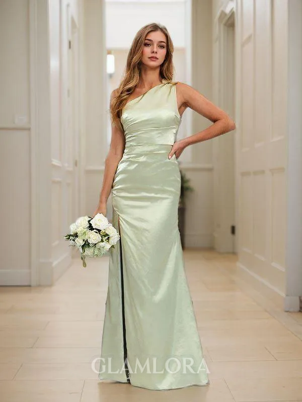Seductive Sheath/Column One-Shoulder Floor-Length Silk Like Satin Bridesmaid Dress With Slit