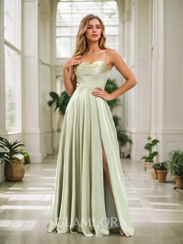 Stunning A-line Spaghetti Straps Floor-Length Silk Like Satin Corset Bridesmaid Dress With Slit