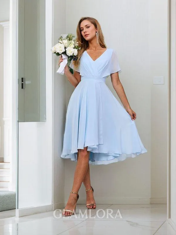 A-line Pretty V-neck Short Sleeves Asymmetrical Chiffon Bridesmaid Dress With Pleated