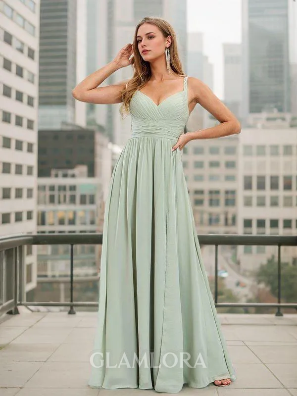 A-line Charming V-neck Floor-Length Chiffon Bridesmaid Dress With Slit