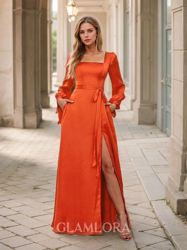 A-line Delicate Square Long Sleeves Floor-Length Satin Chiffon Bridesmaid Dress With Slit