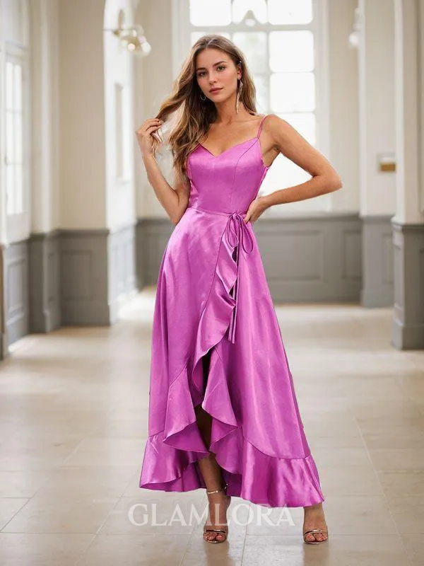 A-line Charming V-neck Asymmetrical Silk like Satin Bridesmaid Dress With Sash