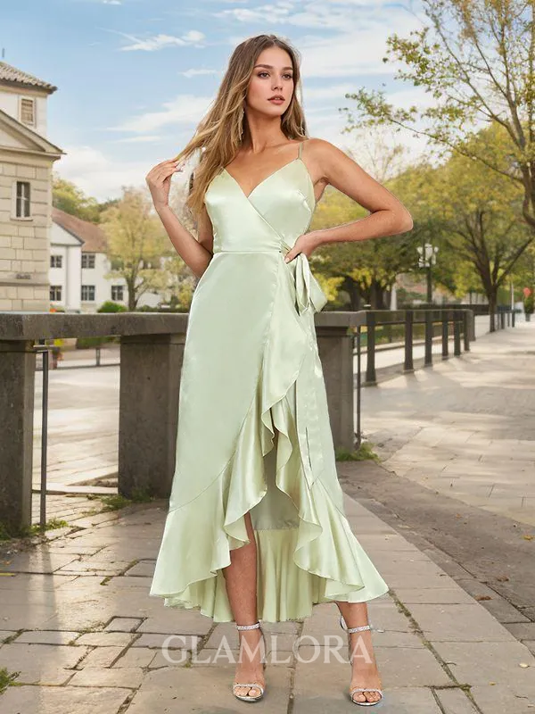 Delicate A-line V-neck Asymmetrical Silk Like Satin Bridesmaid Dress With Sash