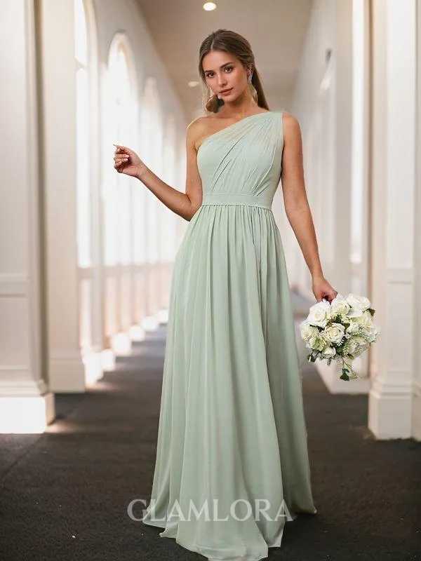 A-line Graceful One-Shoulder Floor-Length Chiffon Bridesmaid Dress With Pleated