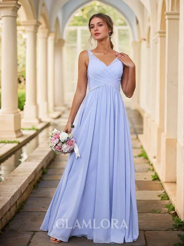 A-line Classic V-neck Floor-Length Chiffon Bridesmaid Dress With Pleated