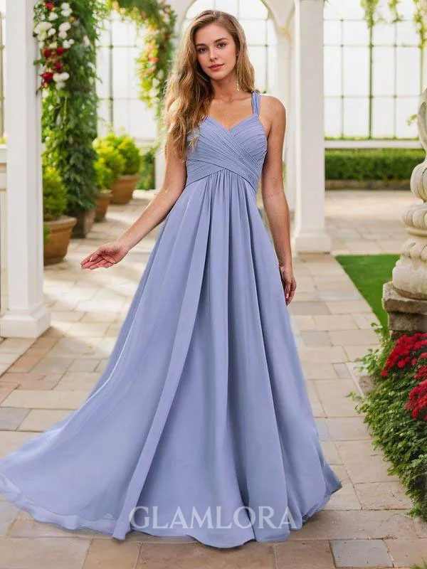 Modest A-line V-neck Floor-Length Chiffon Bridesmaid Dress With Pleated