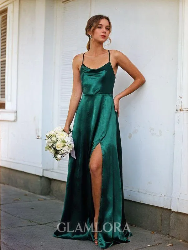 A-line Stylish Spaghetti Straps Floor-Length Silk Like Satin Bridesmaid Dress With Slit