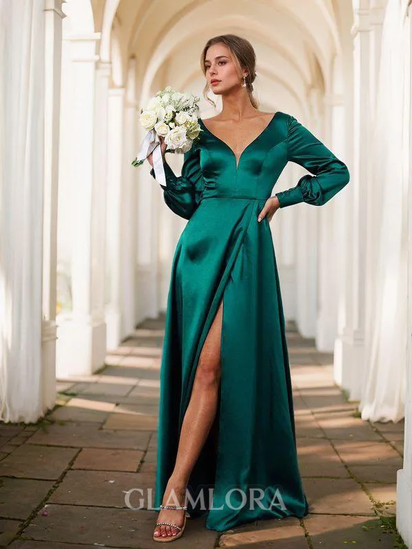 A-line Classic V-neck Long Sleeves Floor-Length Silk like Satin Bridesmaid Dress With Slit