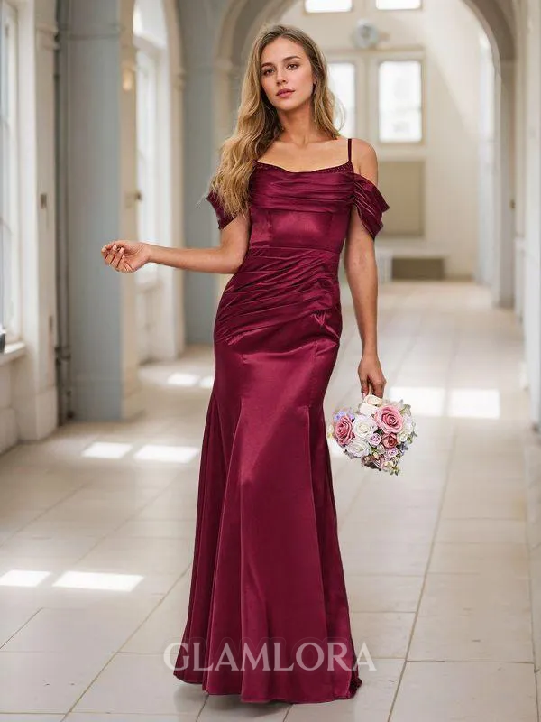 Sheath/Column Alluring Cold Shoulder Floor-Length Silk like Satin Bridesmaid Dress With Pleated