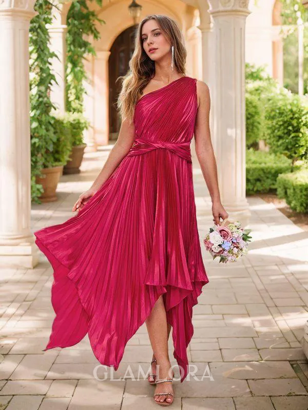 A-line Exquisite One-Shoulder Tea-Length Silk Like Satin Bridesmaid Dress With Pleated