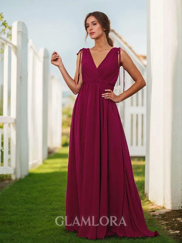 Feminine A-line V-neck Sweep Train Chiffon Bridesmaid Dress With Slit