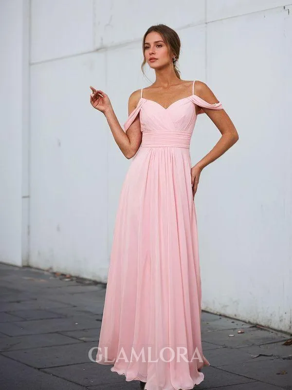A-line Beautiful Cold Shoulder Floor-Length Chiffon Bridesmaid Dress With Pleated